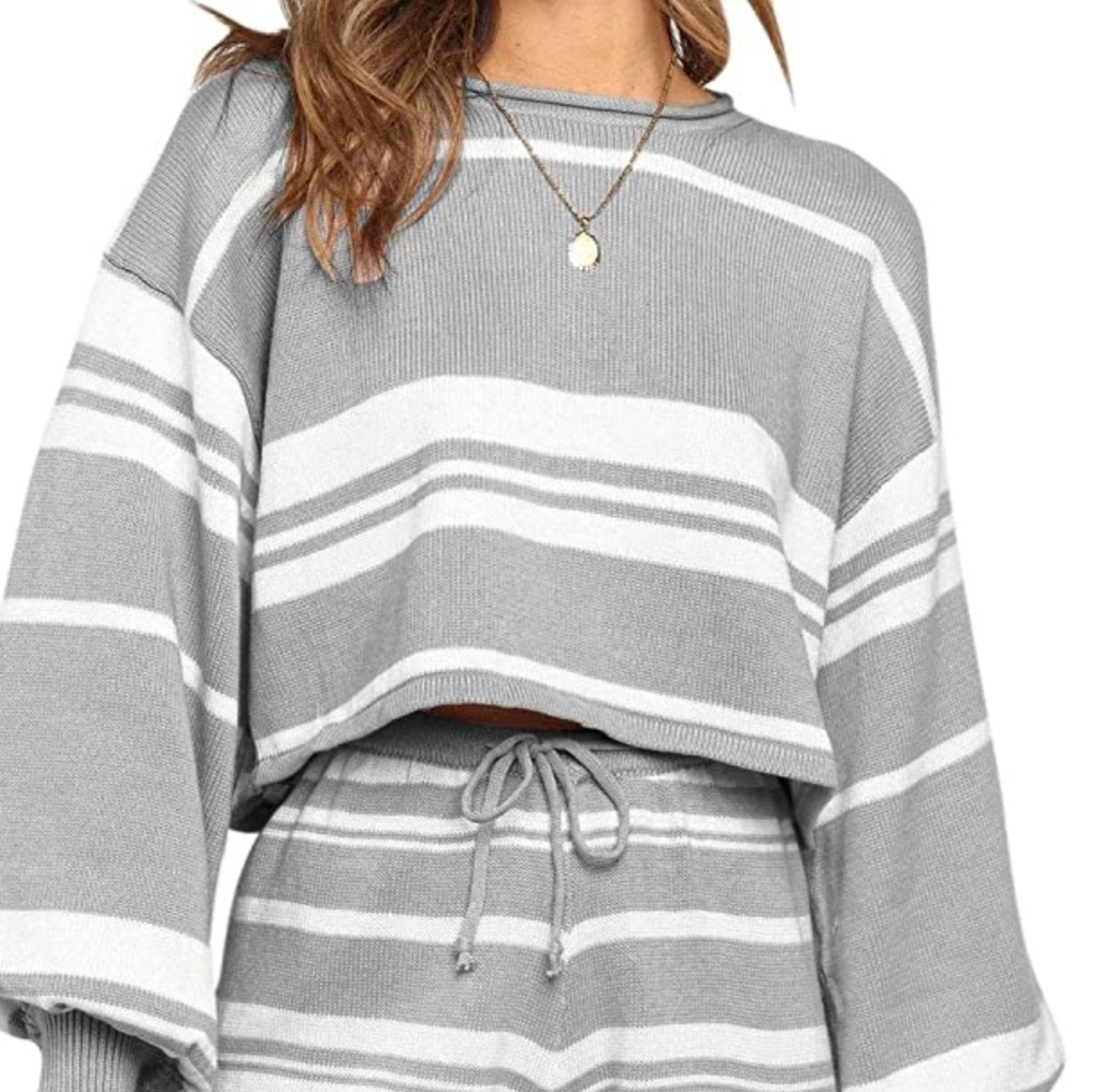 Striped Knit Lounge Set - Gray & White